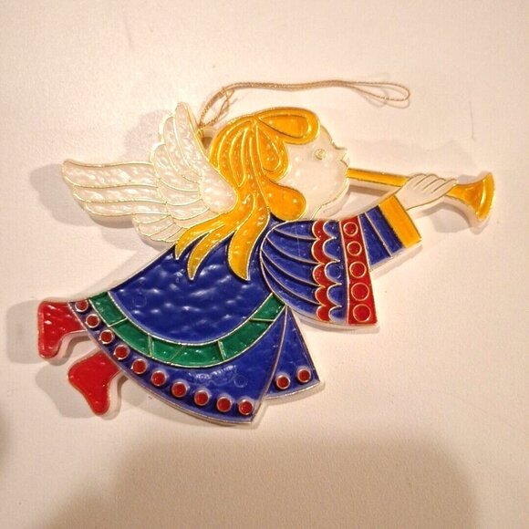 Angel Playing Trumpet Flat Plastic Hanging Christmas Ornament Vintage Hong Kong - Picture 5 of 6